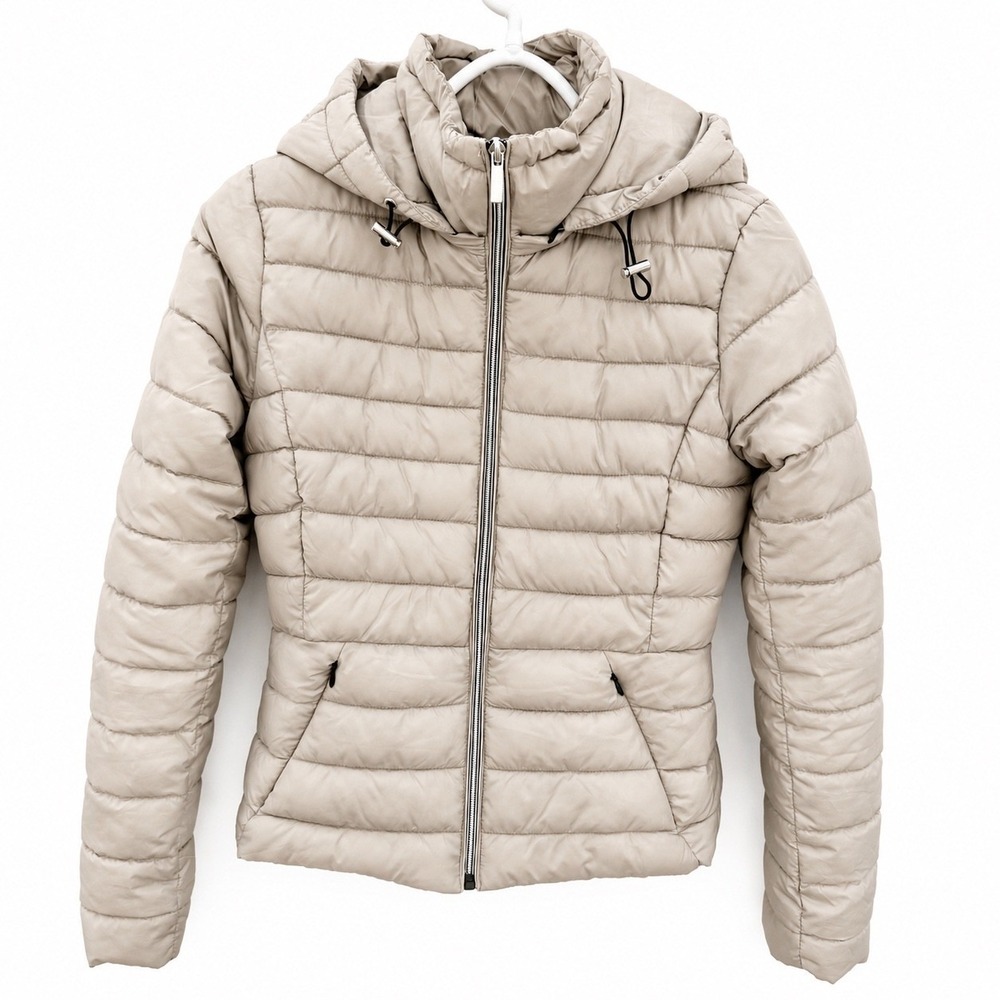 Zara Puffer Jacket women Size Small Removable Hood‎ Beige Light Weight